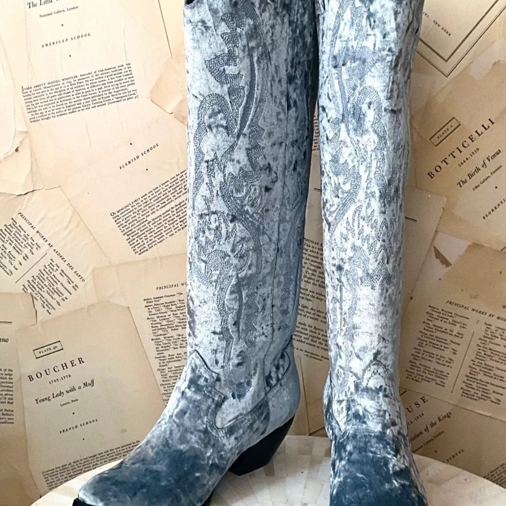 Free People Jeffrey Campbell Finn Tall Western Boots Aqua Blue Velvet - Picture 8 of 8